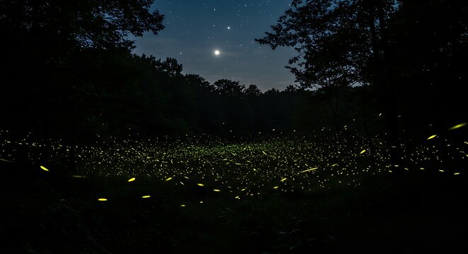 night sky with stars and moon. starry night sky. a collection of fireflies that light up at night in the middle of the forest.