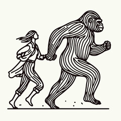 Gorilla couple running. Valentine Love Romance Cupid February Clipart Line Art Vector Illustration. Ape pair dash a wild animal duo in motion wildlife jog photo theme.