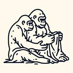 Gorilla couple Sharing a Blanket. Valentine Love Romance Cupid February Clipart Line Art Vector Illustration. Primate pair under cover ape affection keeping cozy with textile shelter.