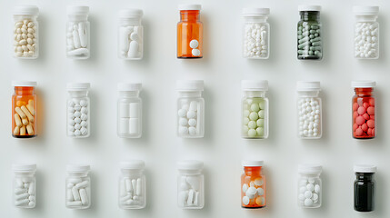 Fototapeta premium Grid of Medicine Bottles with Various Pills and Capsules