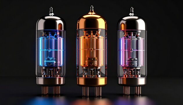 Illuminated vintage vacuum tubes showing intricate internals on dark backdrop