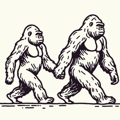 Fototapeta premium Gorilla couple Walking Hand in Hand. Valentine Love Romance Cupid February Clipart Line Art Vector Illustration. Ape duo strolling palm palm loving primate pair enjoying a promenade.