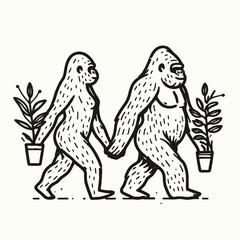 Gorilla couple Walking Hand in Hand. Valentine Love Romance Cupid February Clipart Line Art Vector Illustration. Ape pair strolling clasping palm palm primate affection under sunlight.