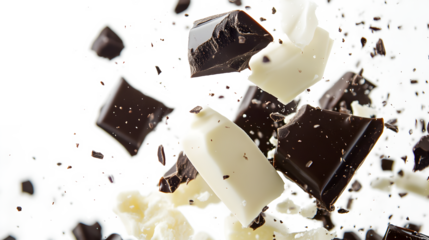 A close up of chocolate and white chocolate pieces flying through the air