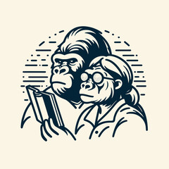 Gorilla couple wear glasses reading. Valentine Love Romance Cupid February Clipart Line Art Vector Illustration. Ape duo with spectacles peruse script a wildlife pair study text.