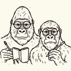 Gorilla couple wear glasses writing notebook. Valentine Love Romance Cupid February Clipart Line Art Vector Illustration. Ape pair don eyewear jotting journal primate duo utilize specs note.