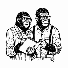 Gorilla couple wear glasses writing notebook. Valentine Love Romance Cupid February Clipart Line Art Vector Illustration. Primate pair in spectacles jotting pad wildlife animal concept theme.