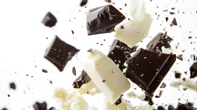 A close up of chocolate and white chocolate pieces flying through the air