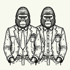 Gorilla couple Wearing matching outfits. Valentine Love Romance Cupid February Clipart Line Art Vector Illustration. Primate pair in similar attire an animal theme with coordinated apparel.