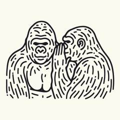 Gorilla couple Whispering Secrets. Valentine Love Romance Cupid February Clipart Line Art Vector Illustration. Great ape pair sharing secret murmur animal kingdom and intimacy.