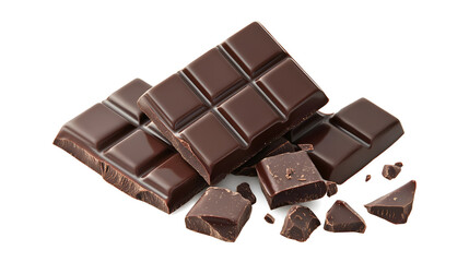 A close up of a chocolate bar with a few pieces missing. The chocolate bar is cut into squares and is laying on a white background