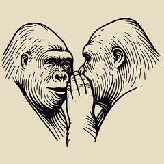 Gorilla couple Whispering Secrets. Valentine Love Romance Cupid February Clipart Line Art Vector Illustration. Great ape duo sharing mystery calm communication in nature.