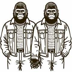 Gorilla couple Wearing matching outfits. Valentine Love Romance Cupid February Clipart Line Art Vector Illustration. Ape duo donning similar apparel animal primate pair in coordinated.