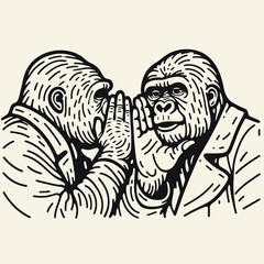 Gorilla couple Whispering Secrets. Valentine Love Romance Cupid February Clipart Line Art Vector Illustration. Ape pair sharing words private communication zoo primate talk.