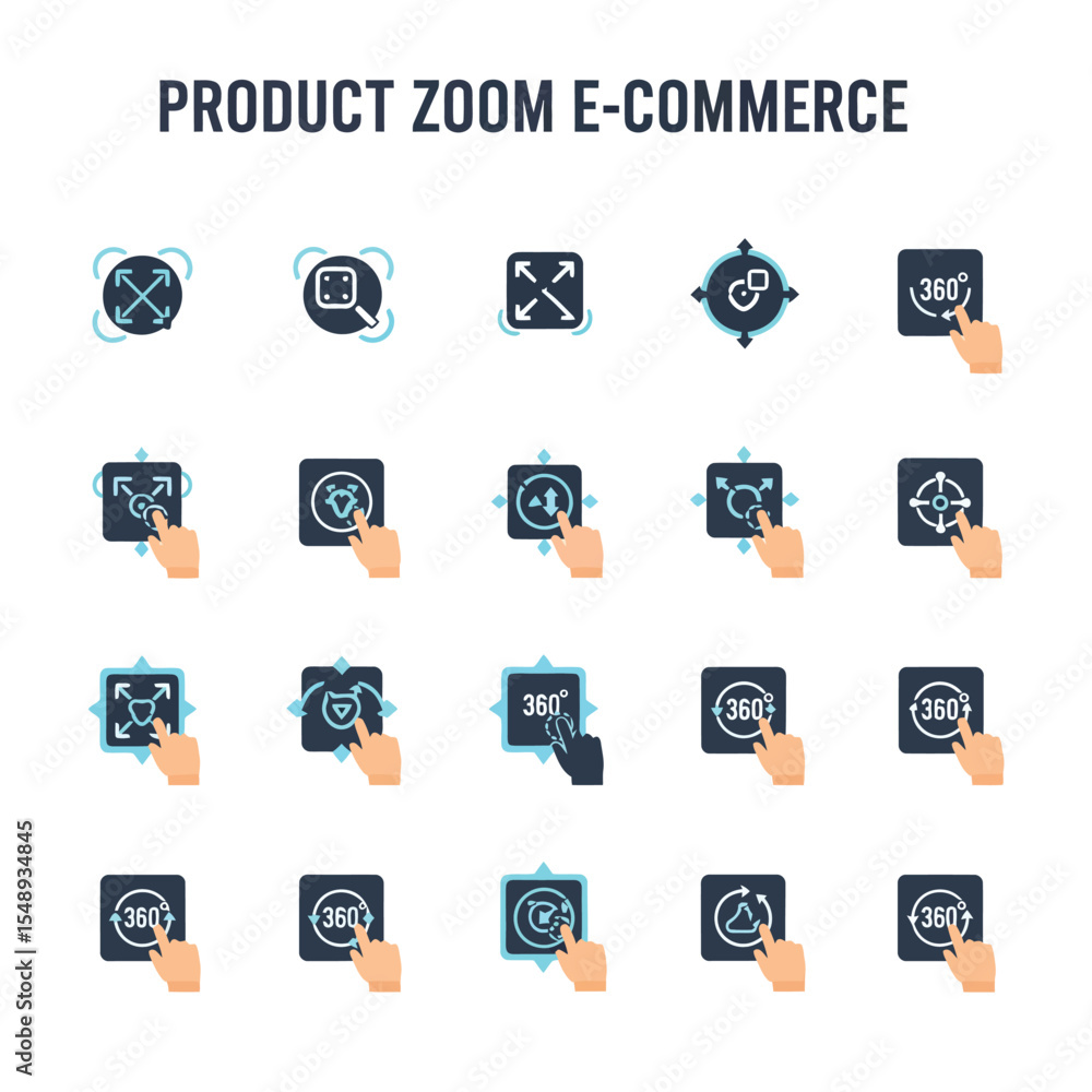 Poster twenty ecommerce product zoom icons featuring hands interacting with dark blue and light blue square