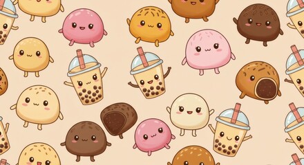 Adorable Kawaii Mochi Bubble Tea and Sweet Treats Seamless Pattern Background