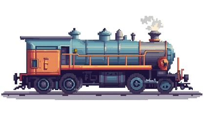 Naklejka premium Vintage Blue Steam Engine Train with Orange Accents on White Background