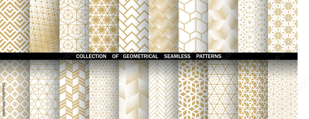 Poster Geometric set of seamless golden and white patterns. Simple vector graphics
