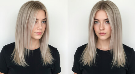Woman with platinum blonde shoulder length hair styled in two different ways on white background. Modern hair styling comparison for salon makeover transformations