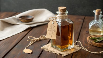 Rustic Herbal Infusion in Glass Bottle with Cork and Botanical Tag on Wooden Surface