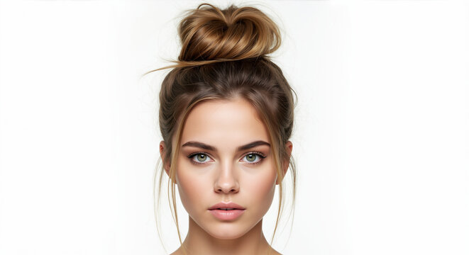 Woman with messy bun hairstyle and face framing strands on white background. Casual updo styling demonstration for salon hair arrangement services - Powered by Adobe