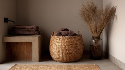 Fototapeta premium Handwoven basket and throw blanket in mocha mousse tones styled in a peaceful corner
