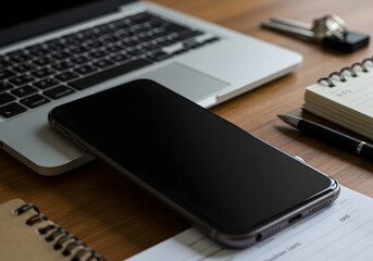 Modern Workplace Setup Featuring Laptop Smartphone Notebook and Pen on Wooden Desk