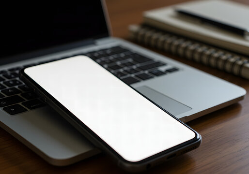 Modern workspace featuring a smartphone with blank screen resting on a laptop keyboard alongside a notebook and pen