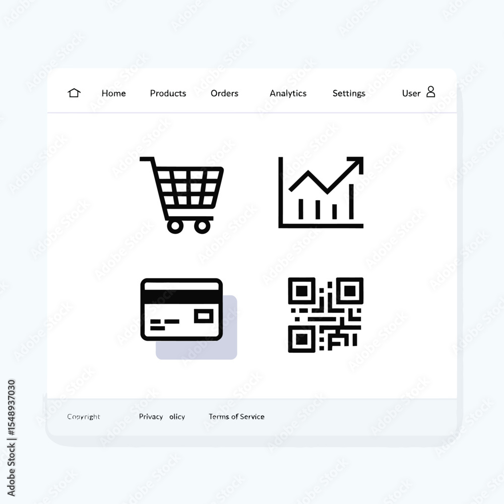 Poster white background webpage displaying black icons shopping cart credit card q r code and upward trendi