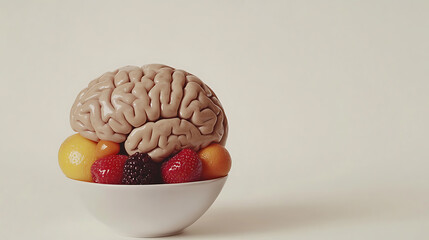A realistic brain model placed atop a bowl of colorful fruits, symbolizing healthy eating for cognitive function.