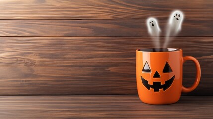 Orange Halloween pumpkin mug with ghost figures rising from it on a dark wooden background, spooky Halloween concept. All Hallows Eve, Samhain