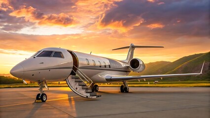 Fototapeta premium Private Jet on the Tarmac at Sunset with Mountains in the Background