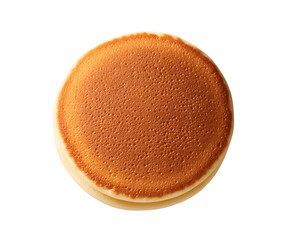Single golden pancake isolated on white. 
Delicious round pancake with golden-brown crust, centered on a white background. Ideal for breakfast food ads