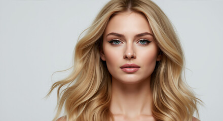 Naklejka premium Woman with blonde layered hair with highlights on gray background. Long wavy hairstyle with golden balayage color for salon transformation and hair coloring services