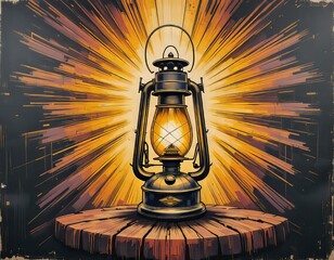 Una lámpara vintage de aceite o queroseno, rodeada de rayos de luz, en un estilo que recuerda a los estampados clásicos