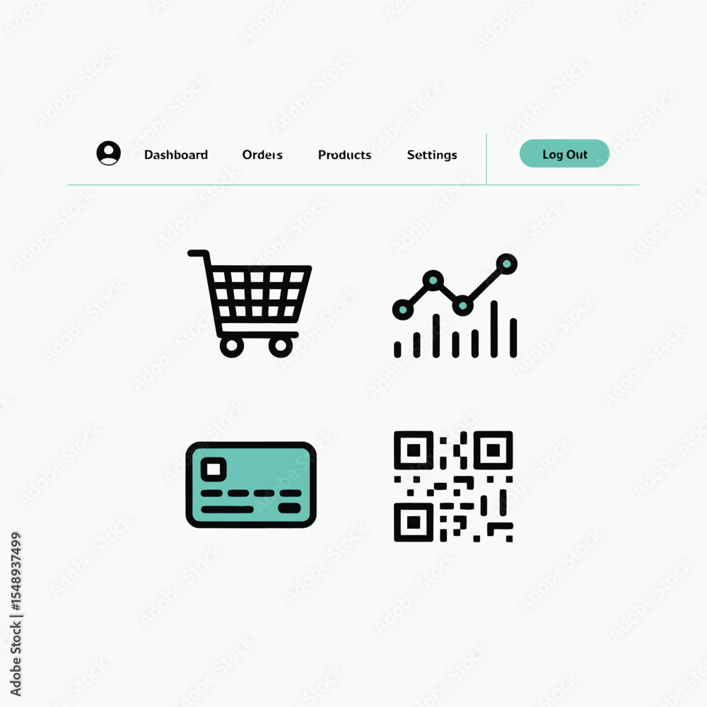 Poster white user interface dashboard with shopping cart graph credit card and q r code icons teal accents 