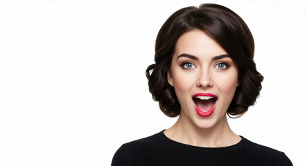 Woman with short curly brown hair vintage style and red lipstick on white background. Retro hair styling demonstration for salon curl creation and vintage beauty services