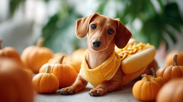 Cute dog dressed as hot dog looking at camera for Halloween celebration. Adorable dachshund puppy with festive fall decoration. All Hallows Eve, Samhain - Powered by Adobe