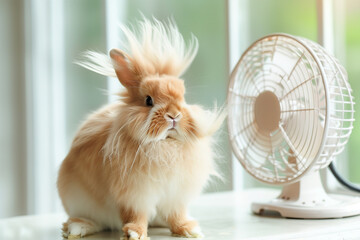 Fluffy bunny standing in front of a fan, fur blowing straight up. A cute and funny moment in a bright indoor setting
