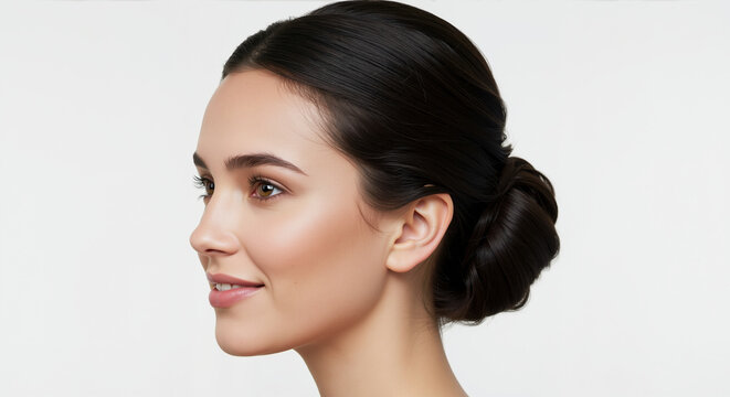Woman with dark brown hair in low braided bun updo on white background. Elegant formal hairstyle with twisted braid for wedding and bridal styling services - Powered by Adobe