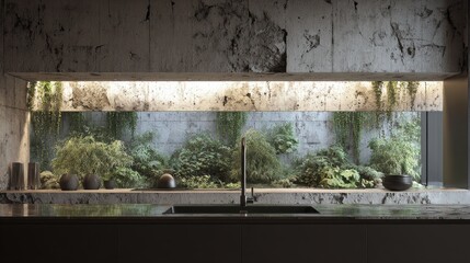 Long glass panel above kitchen sink revealing greenery outside, concrete textures reflecting loft simplicity