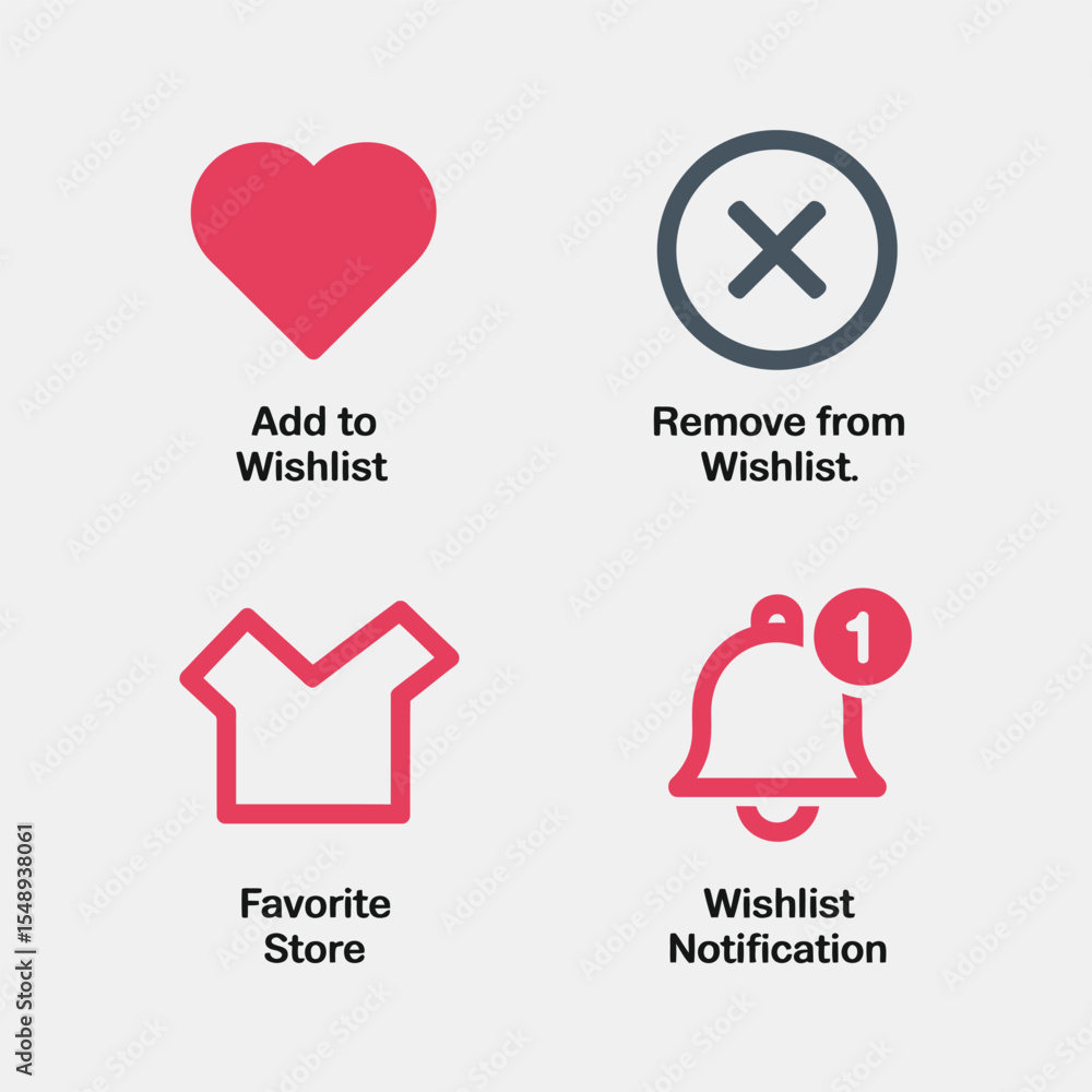 Poster Wishlist Icons Set Add to Wishlist Remove from Wishlist Favorite Store Wishlist Notification Red and Gray Minimalist Line Art Style Simple User Interface Design Elements