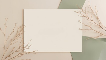 Elegant Blank Card Mockup with Branch Accent on Neutral Tones, Perfect for Invitations or Greetings