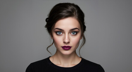 Woman with elegant messy updo hairstyle and face framing tendrils on gray background. Formal hair styling demonstration for salon bridal and special occasion services