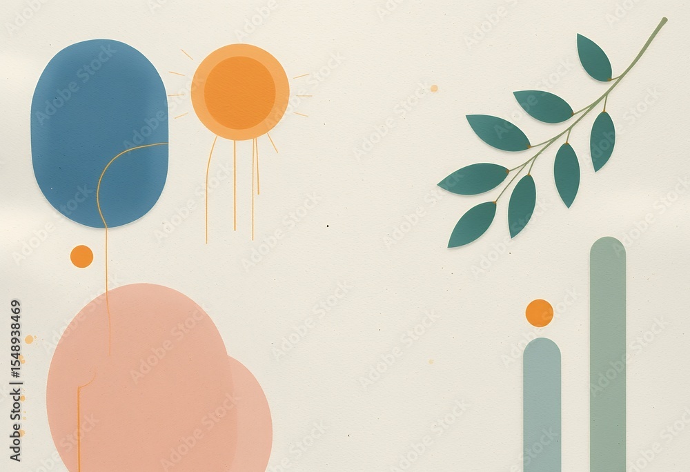 Poster abstract minimalistic composition with geometric shapes and botanical elements in soft muted tones