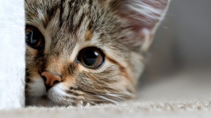 Naklejka premium Close-up of a cat's face peeking out from behind a white wall. the cat appears to be a tabby with brown and black stripes on its fur. its eyes are wide and alert, and its nose is pink.