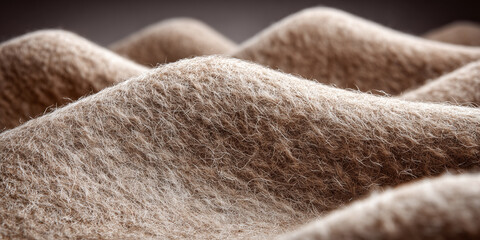 Detailed macro of soft wool fibers forming gentle wave-like shapes that resemble rolling hills in warm neutral tones.