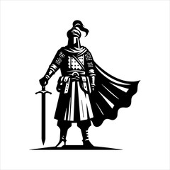 Fototapeta premium Andalusian Muslim Warrior Standing Vector Logo in Black and White Isolated on White Background