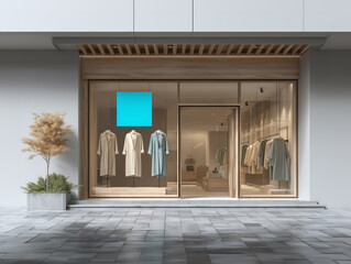 Modern retail fashion storefront with stylish coats displayed in minimalist interior, clean architecture and large glass windows.