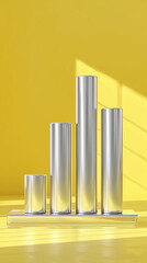 A modern silver metallic bar chart displayed on a yellow surface, combining business data symbolism with minimal geometric design.
